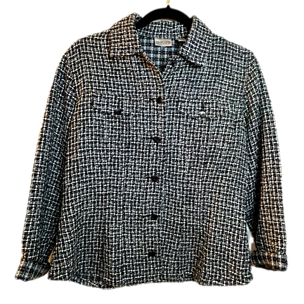 Chico's Tweed blazer jacket coat size 1 button down French Girl black white
